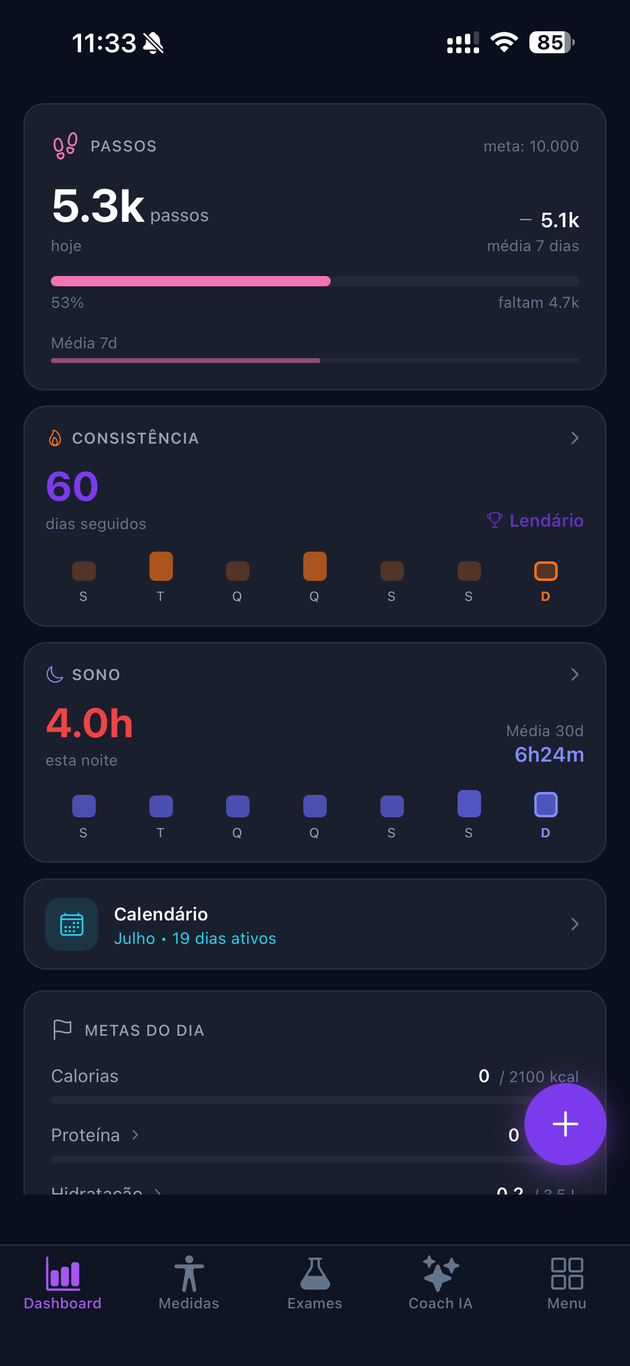 Dashboard mit Schritten, Konsistenz, Schlaf und Tageszielen