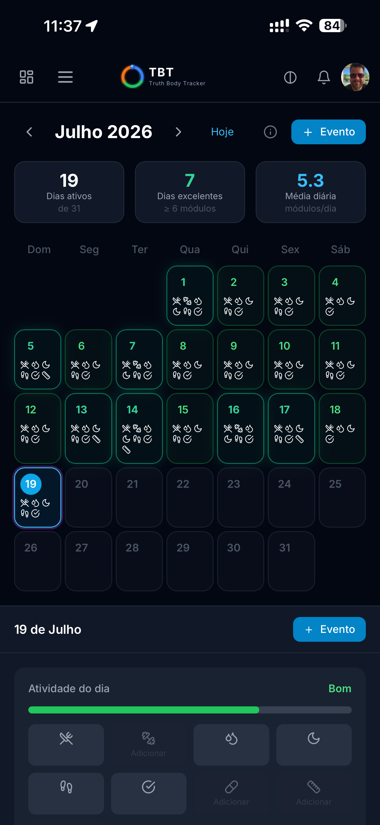 Monatskalender mit aktiven Tagen und Tagesaktivität