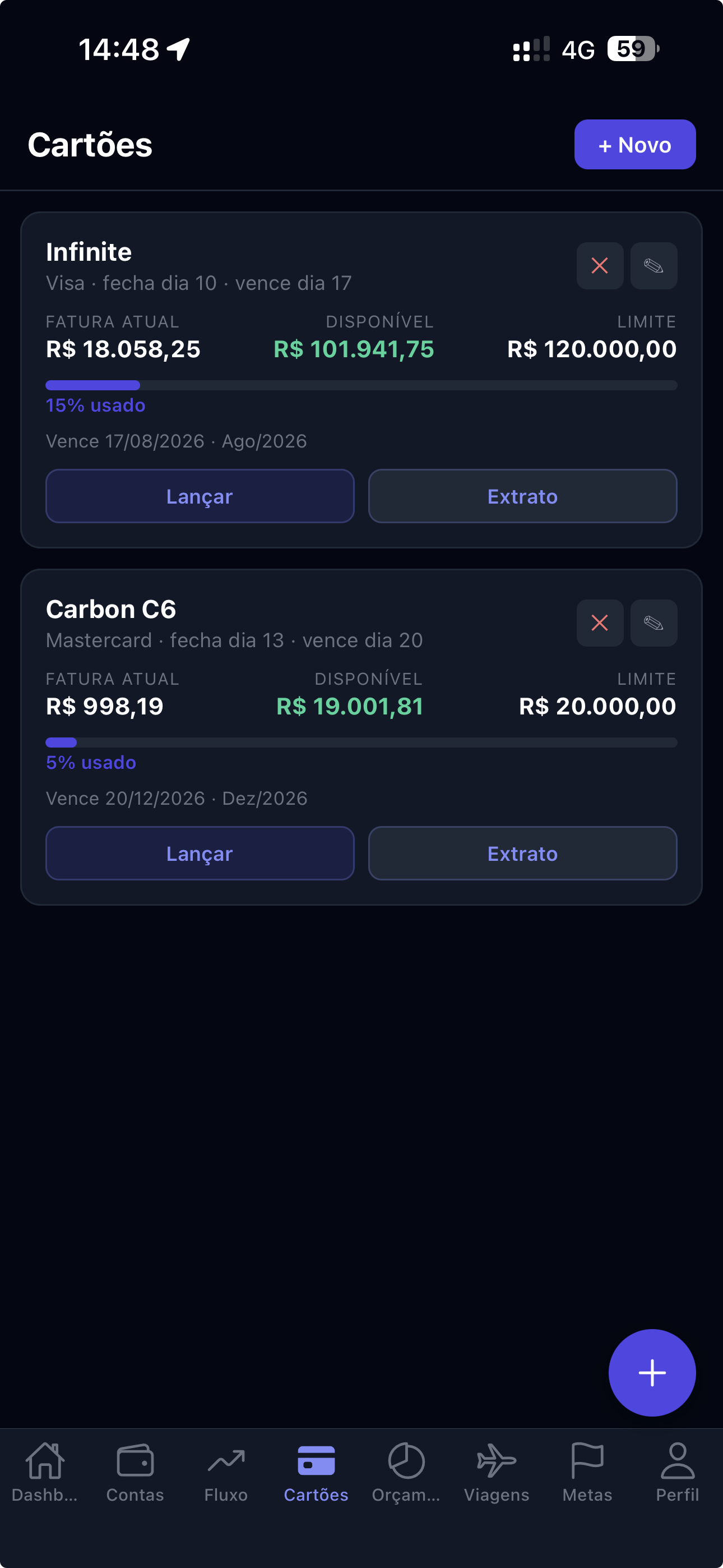 Pantalla de tarjetas de Orbit Finance