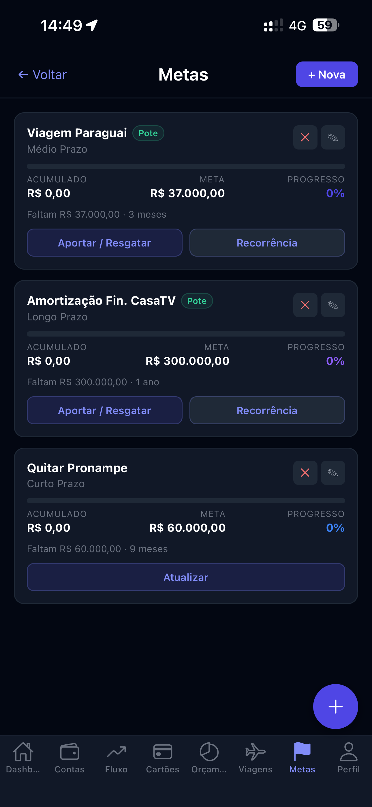 Pantalla de metas financieras de Orbit Finance